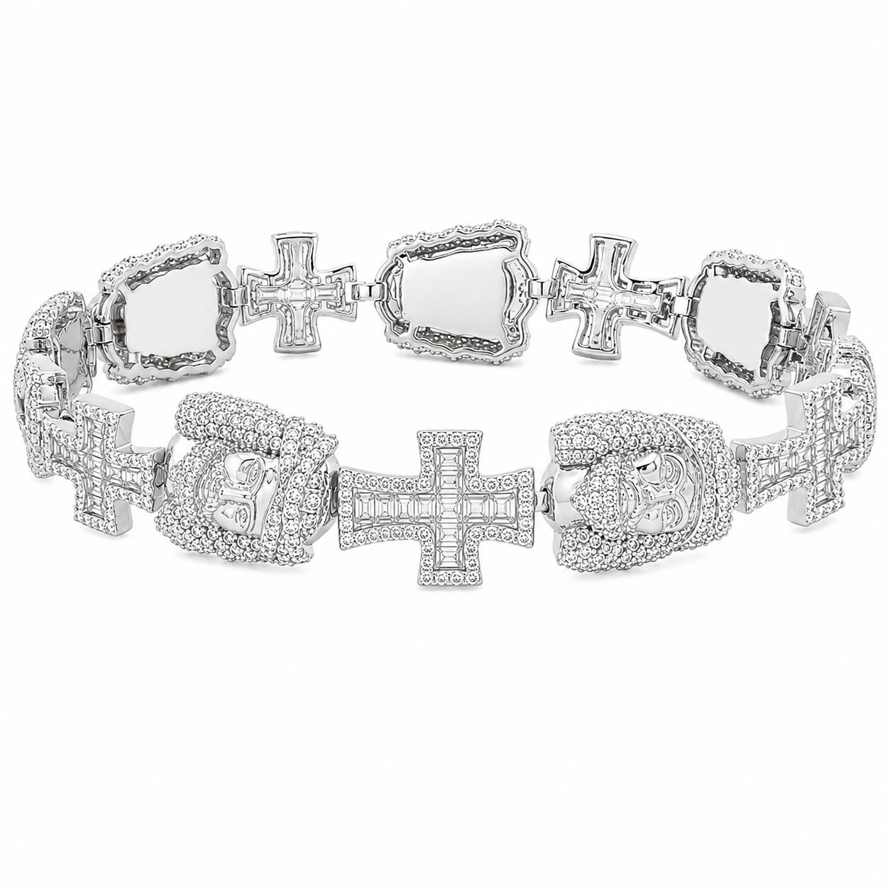 Sterling Silver Moissanite 7.98 CTW Cross & Jesus Face Bracelet - 8.5"
