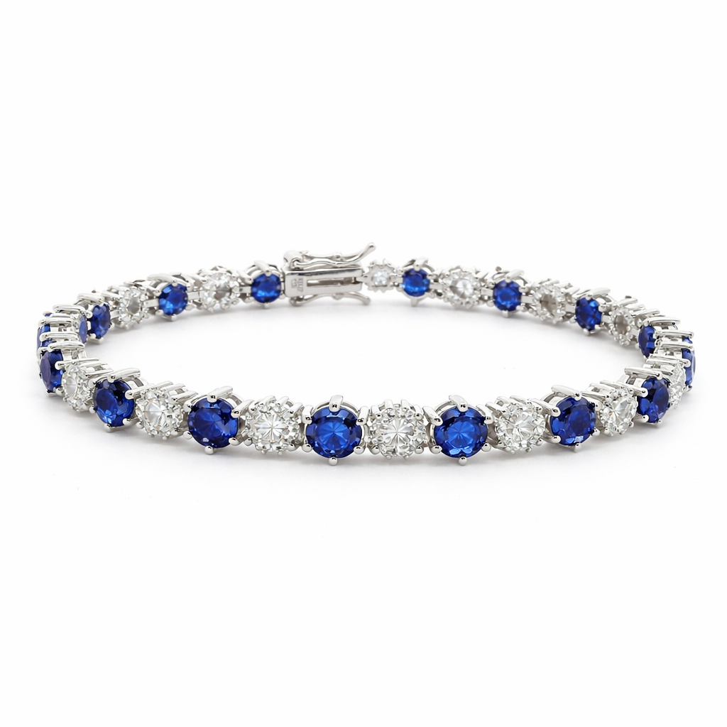 Sterling Silver Alternating Colored Round CZ/Clear Flower Tennis Bracelet (7")