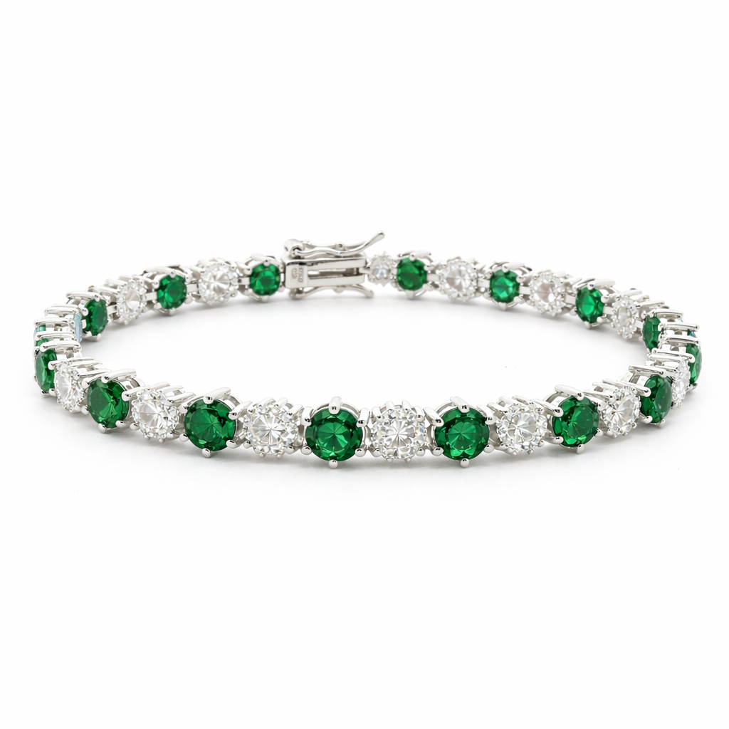 Sterling Silver Alternating Colored Round CZ/Clear Flower Tennis Bracelet (7")