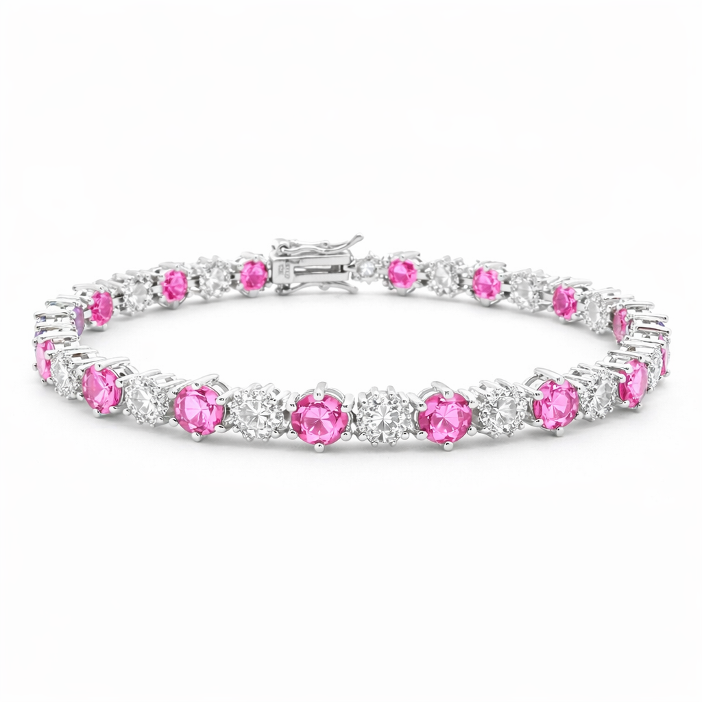 Sterling Silver Alternating Colored Round CZ/Clear Flower Tennis Bracelet (7")