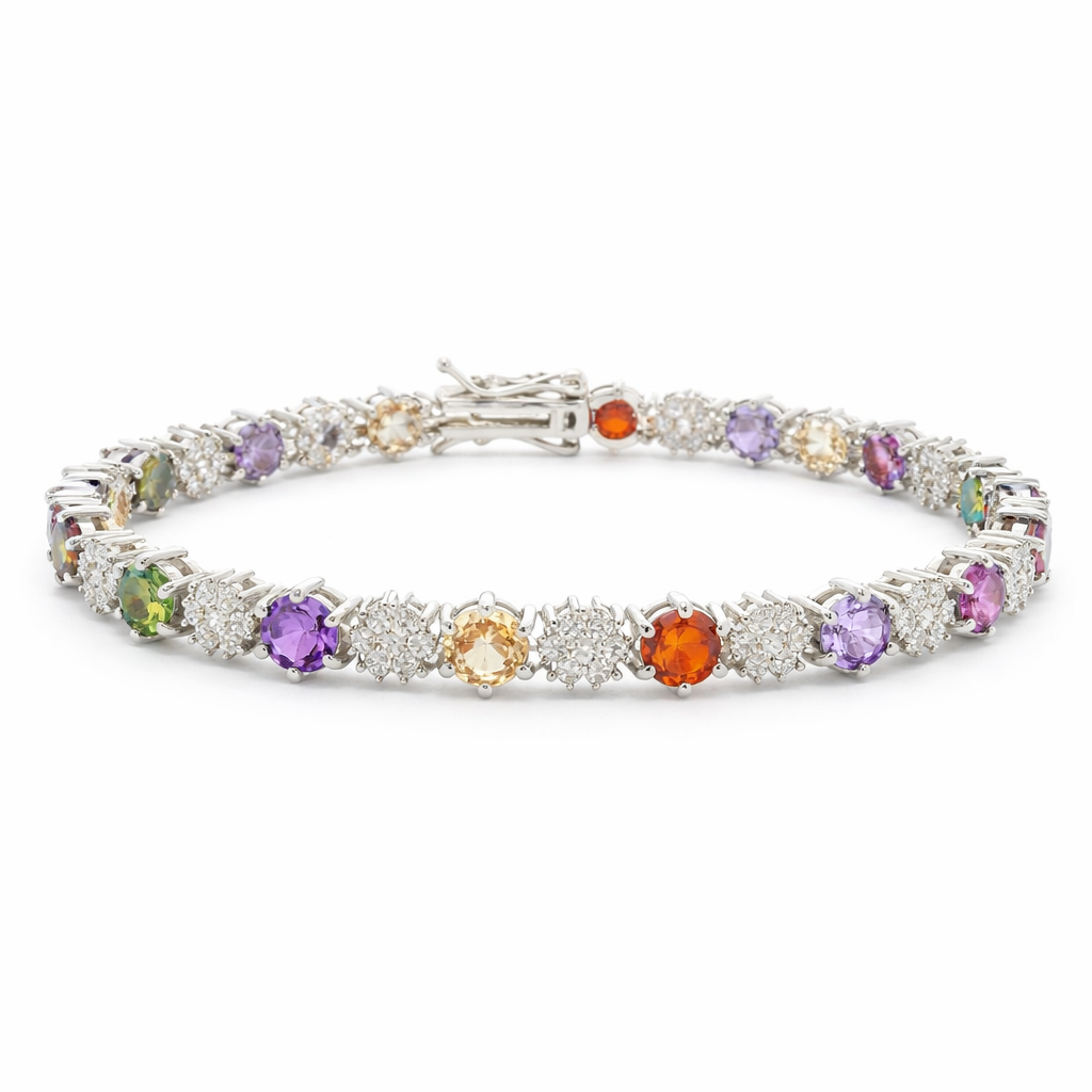 Sterling Silver Alternating Colored Round CZ/Clear Flower Tennis Bracelet (7")