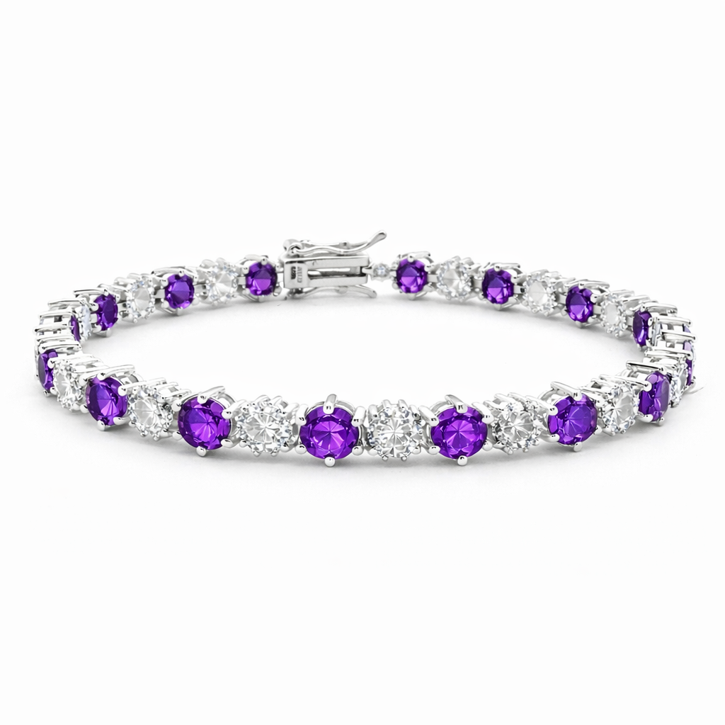 Sterling Silver Alternating Colored Round CZ/Clear Flower Tennis Bracelet (7")
