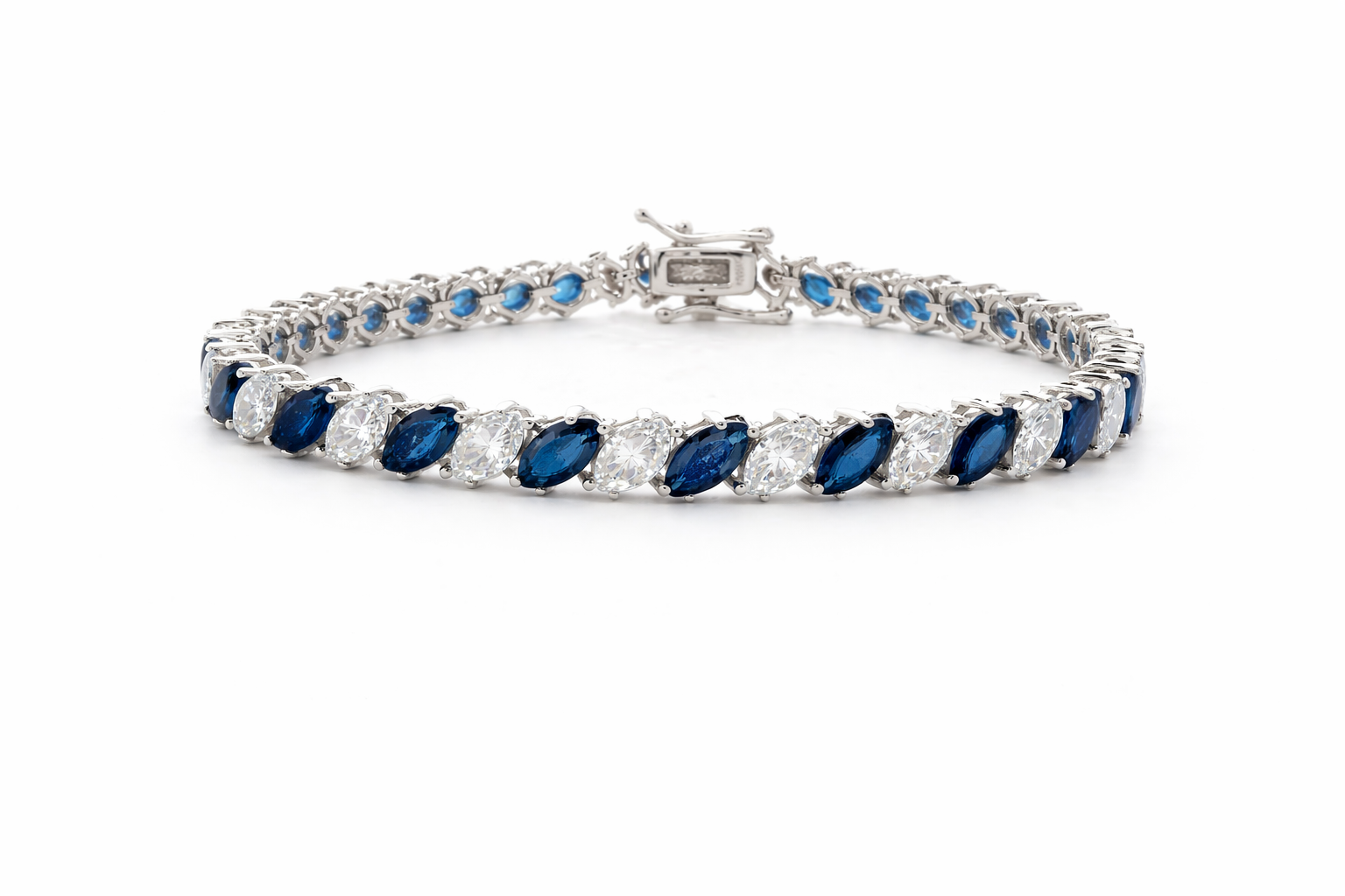 Sterling Silver Alternating Colored / Clear CZ Marquise Tennis Bracelet (7")