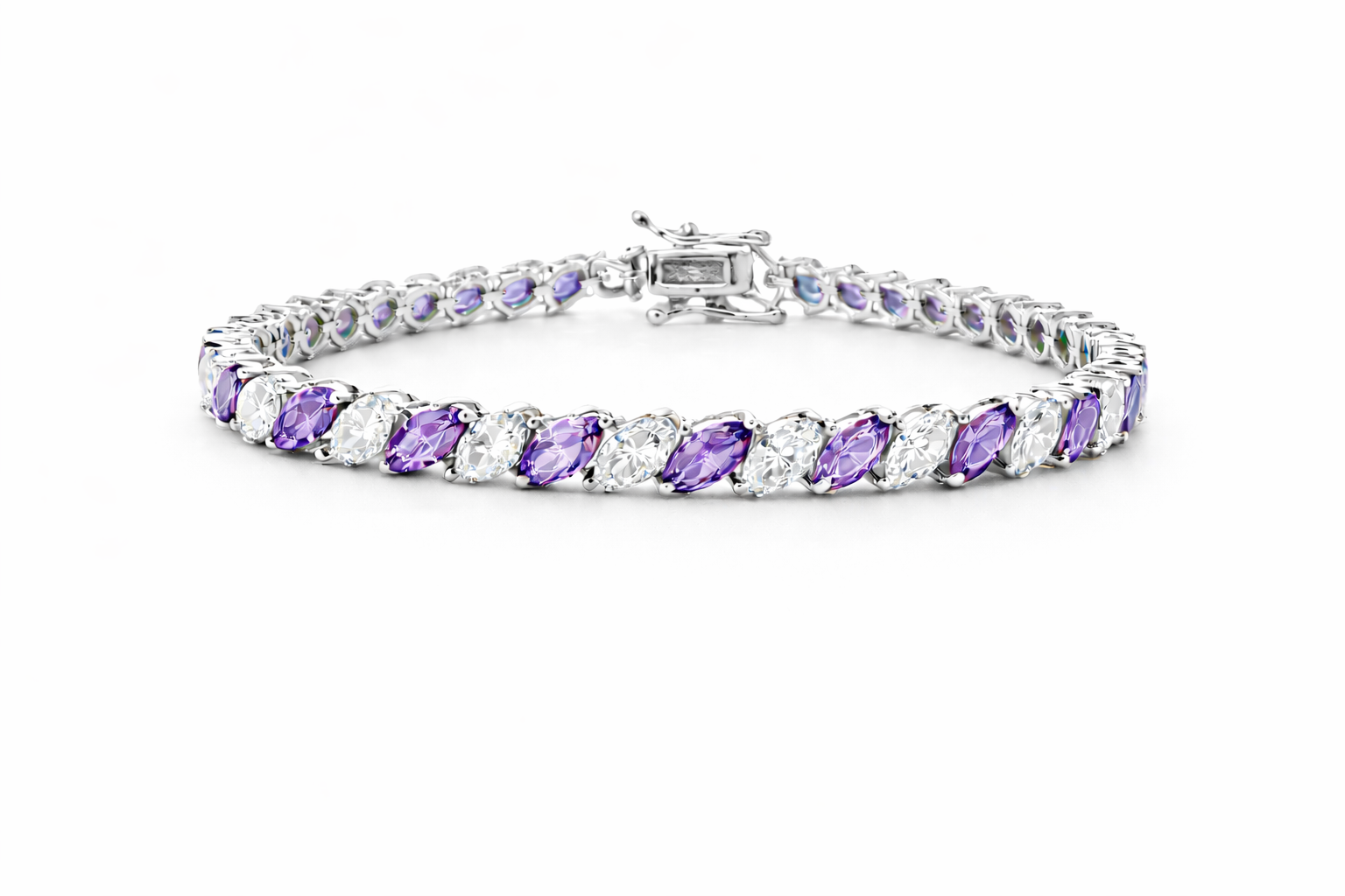 Sterling Silver Alternating Colored / Clear CZ Marquise Tennis Bracelet (7")