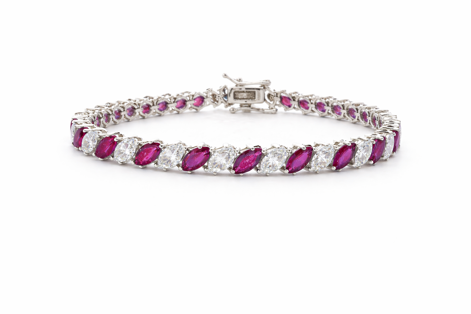 Sterling Silver Alternating Colored / Clear CZ Marquise Tennis Bracelet (7")