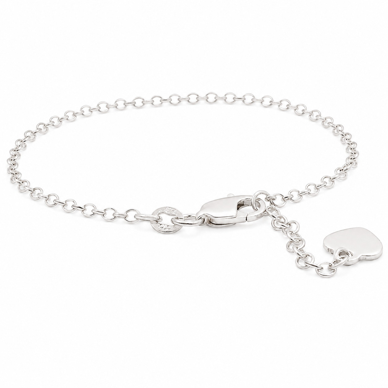 Sterling Silver Round Rolo Link W/ Heart Charm Bracelet