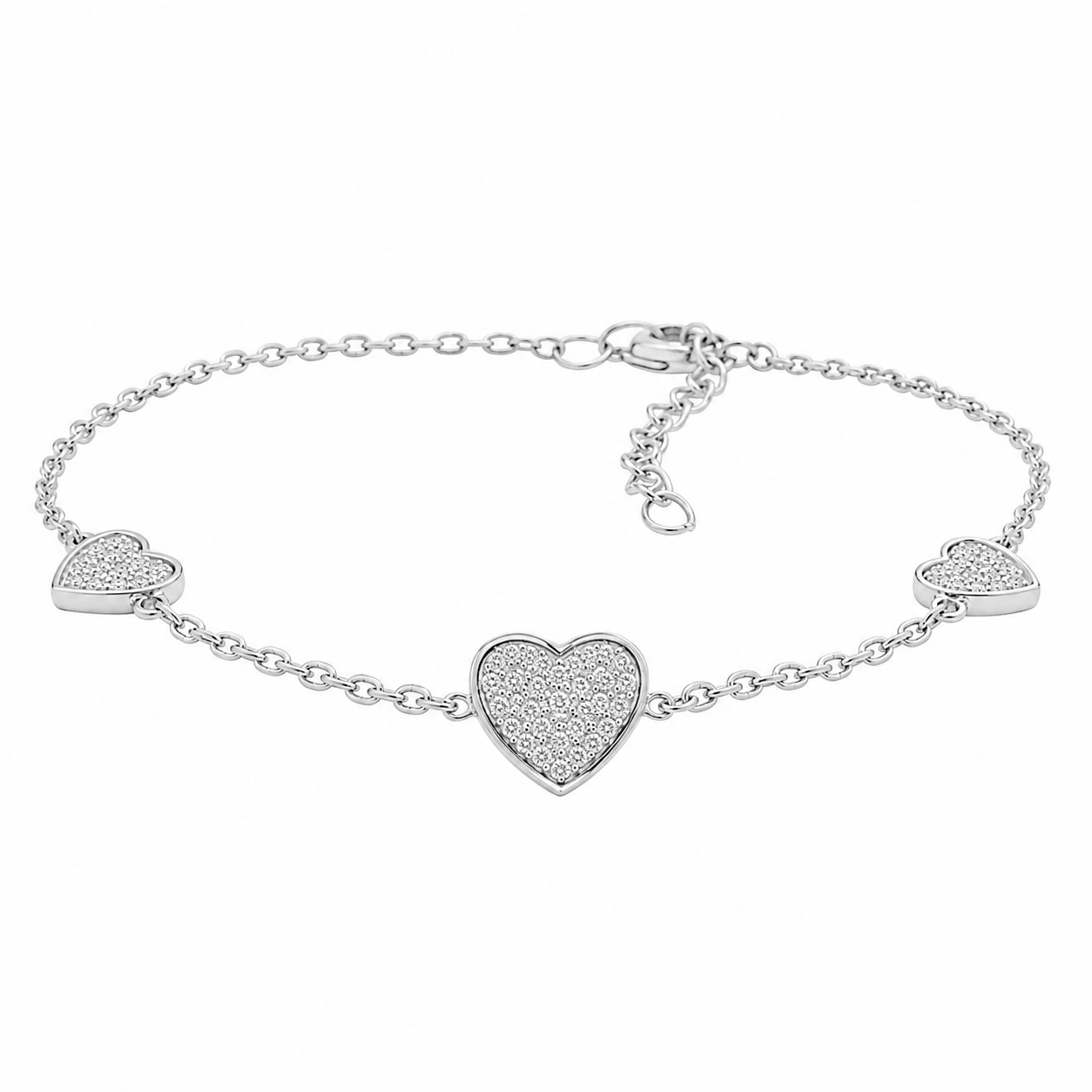 Sterling Silver CZ Pave Heart Station Bracelet (6.5"+1")