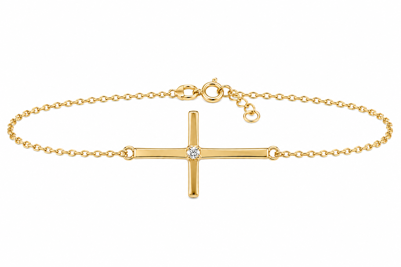 Sterling Silver Gold Plated Sideway Cross Bracelet with CZ Center