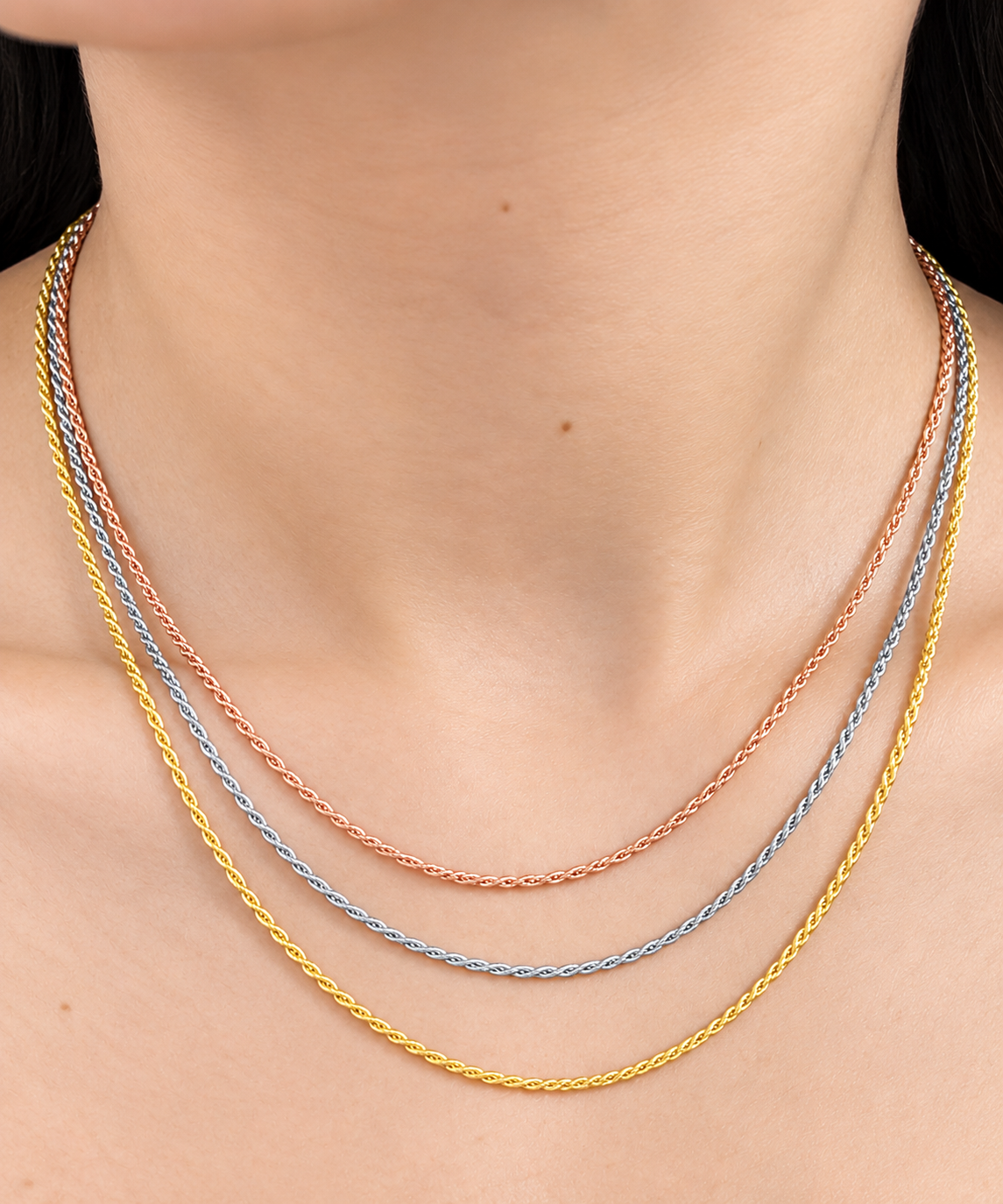 Sterling Silver Tricolor Rope Layered Chain