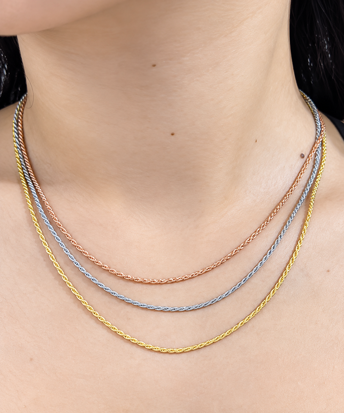 Sterling Silver Tricolor Rope Layered Chain