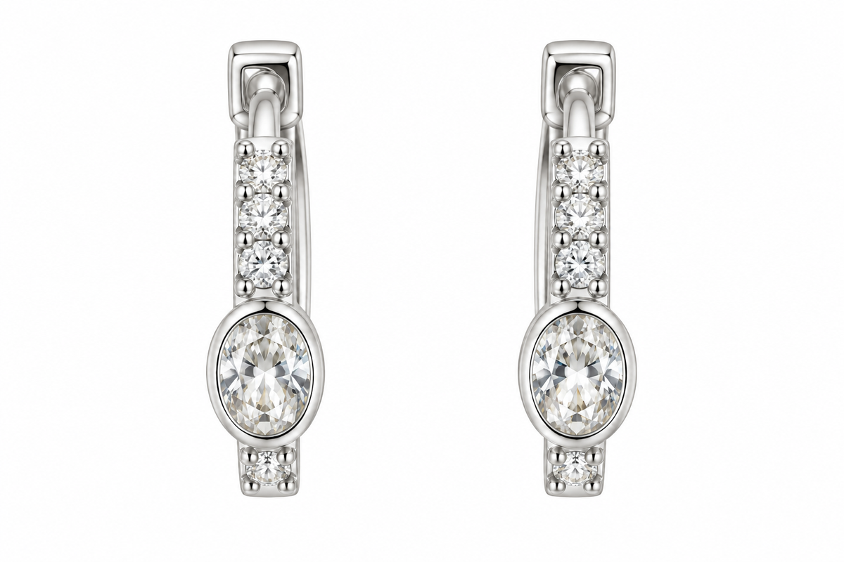 Sterling Silver Oval Shape CZ Huggie Hoop Earrings