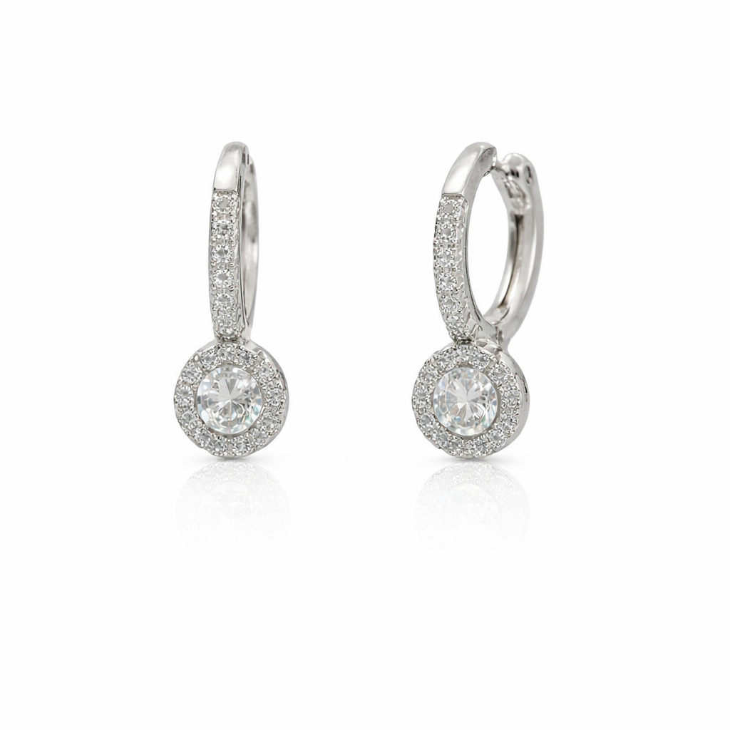 Sterling Silver Oval CZ W/ Halo Dangling Huggie Earrings