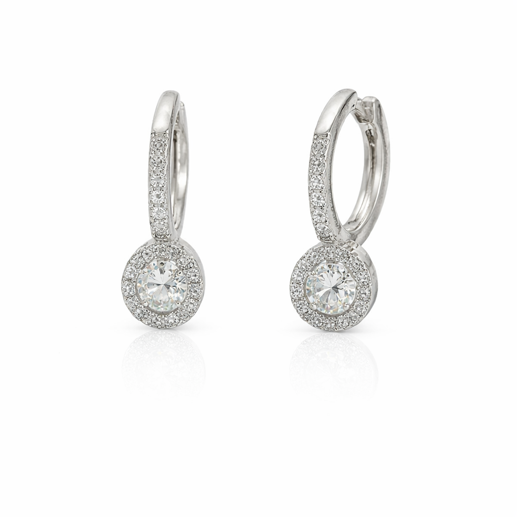 Sterling Silver Oval CZ W/ Halo Dangling Huggie Earrings