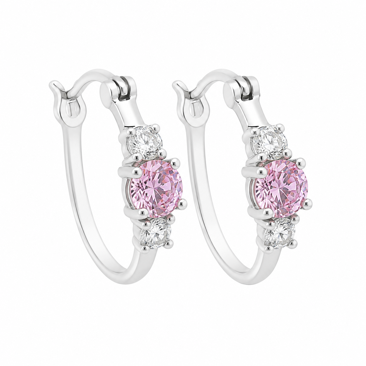 Sterling Silver CZ Pink Gemstone Hoop Earrings