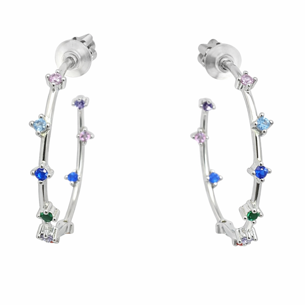 Sterling Silver Multi-Color CZ Open Hoop Post Earrings