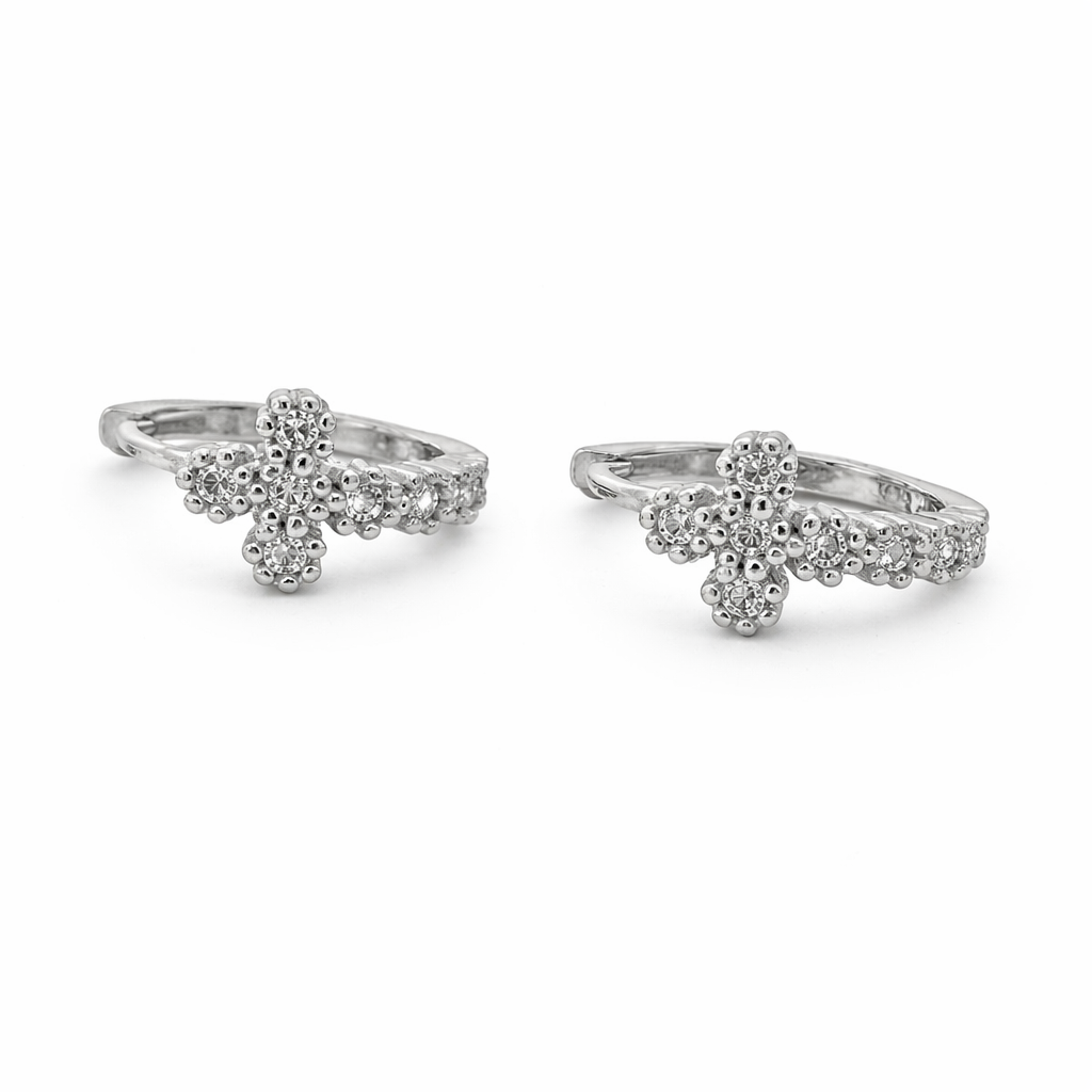 Sterling Silver CZ Cross Huggie Hoop Earrings