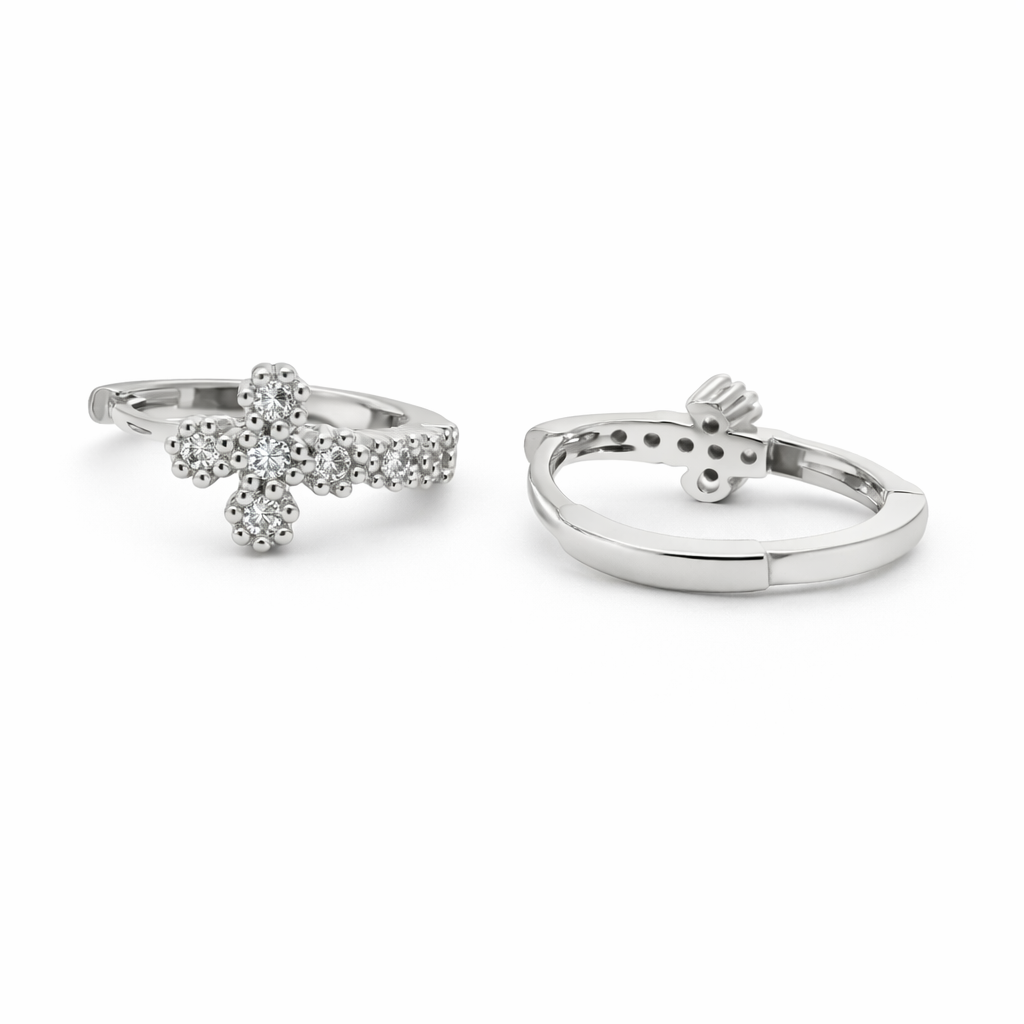 Sterling Silver CZ Cross Huggie Hoop Earrings