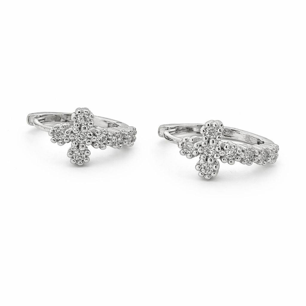 Sterling Silver CZ Cross Huggie Hoop Earrings
