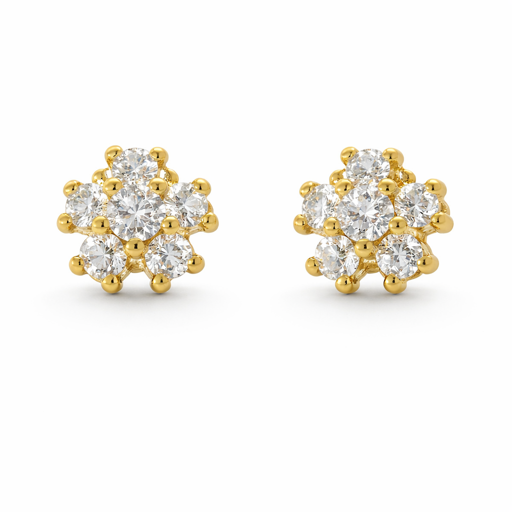 Sterling Silver Gold Plated CZ Flower Stud Earrings