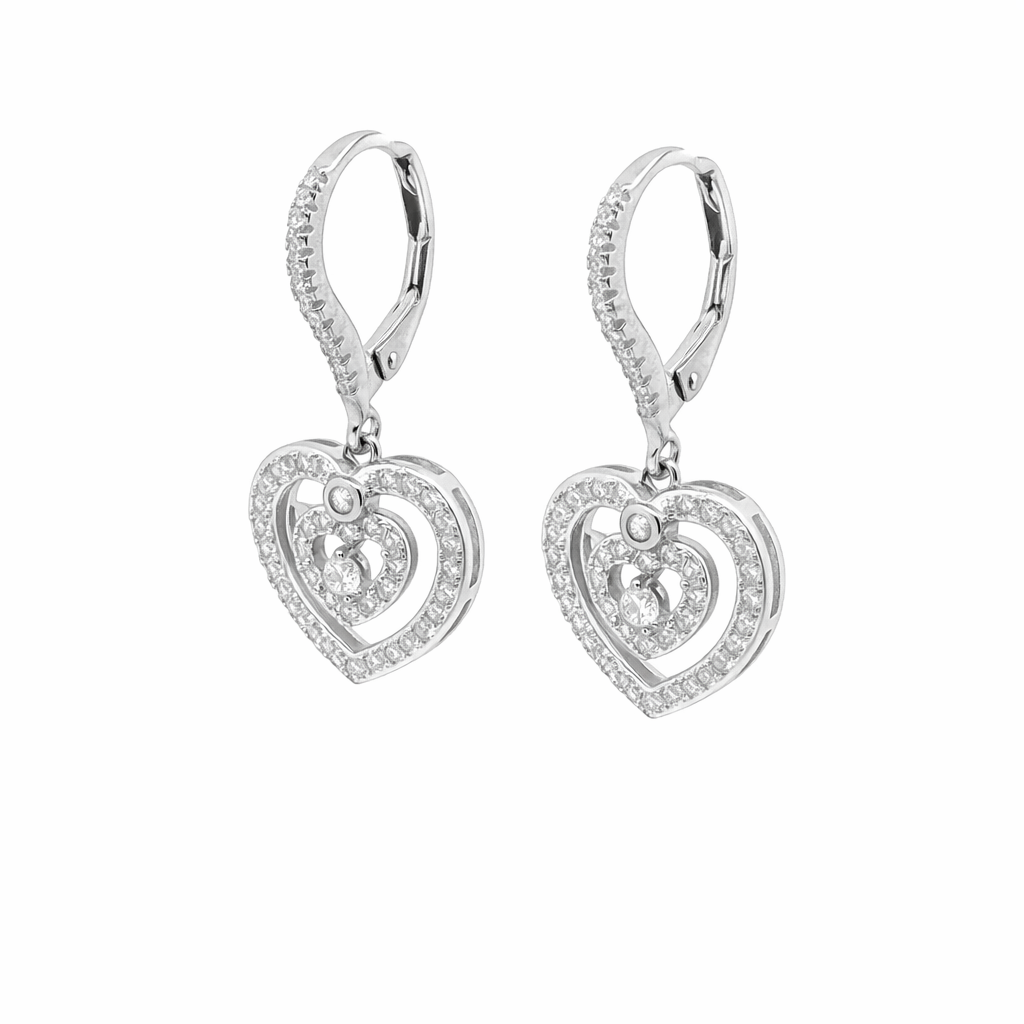 Sterling Silver Dangling CZ Open Heart Huggie Leverback Earrings