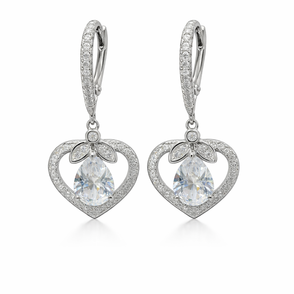 Sterling Silver Dangling CZ Heart W/ Teardrop Center Huggie Earrings