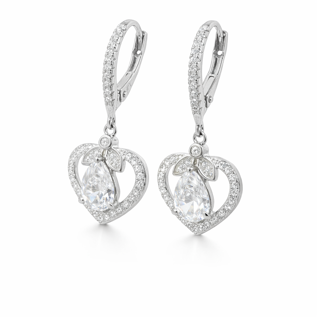 Sterling Silver Dangling CZ Heart W/ Teardrop Center Huggie Earrings