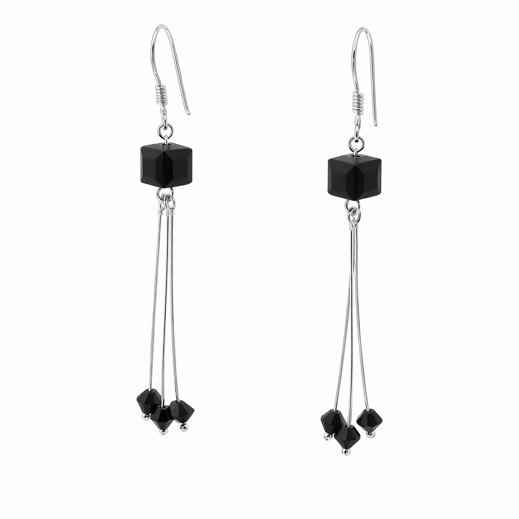 Sterling Silver Black Crystal Dangling Wire Earrings