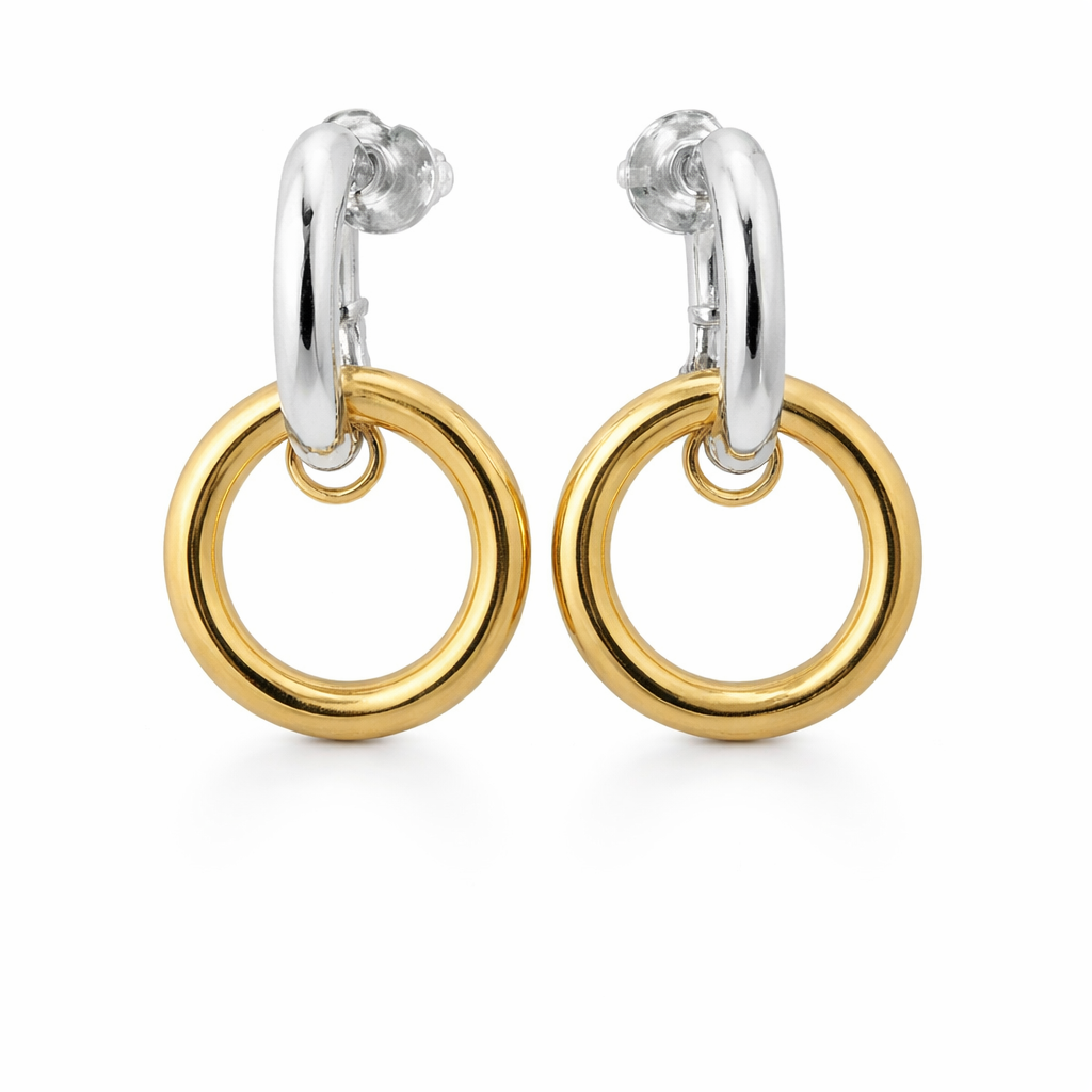 Sterling Silver Two Tone Round Link Open Hoop Post Earrings
