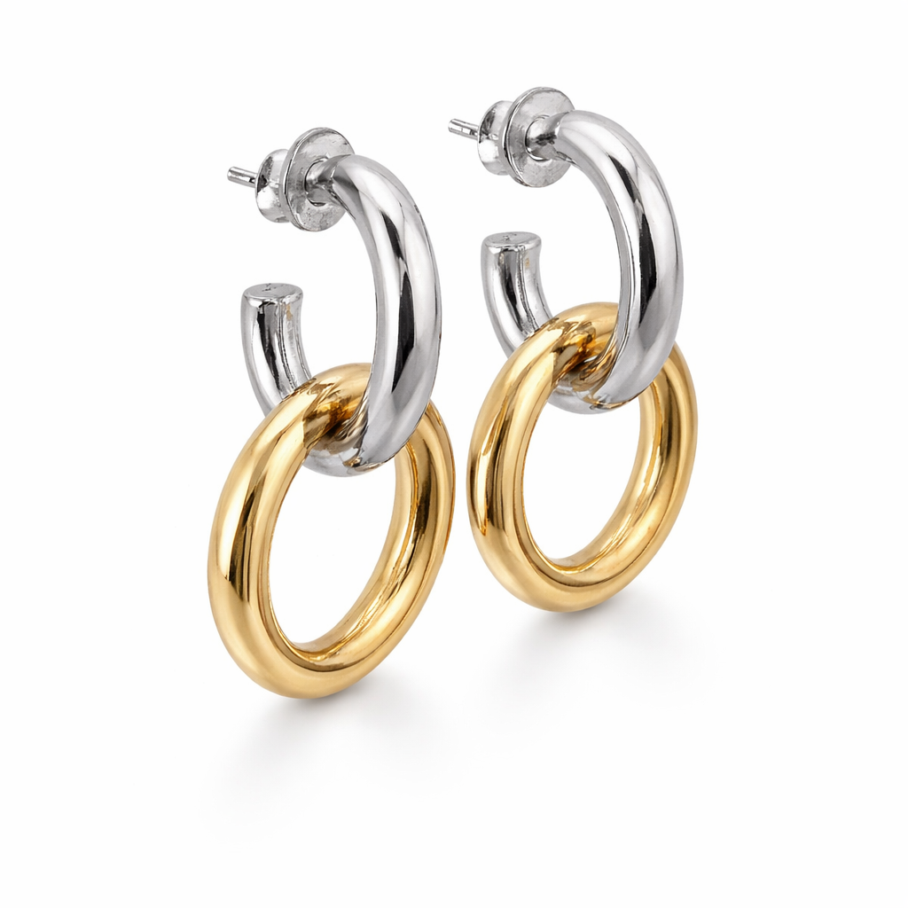 Sterling Silver Two Tone Round Link Open Hoop Post Earrings