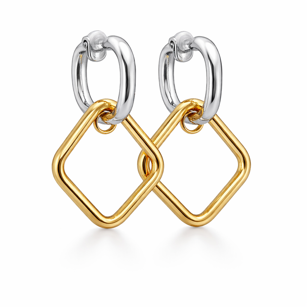 Sterling Silver Two Tone Diamond Shape Link Dangling Post Earrings