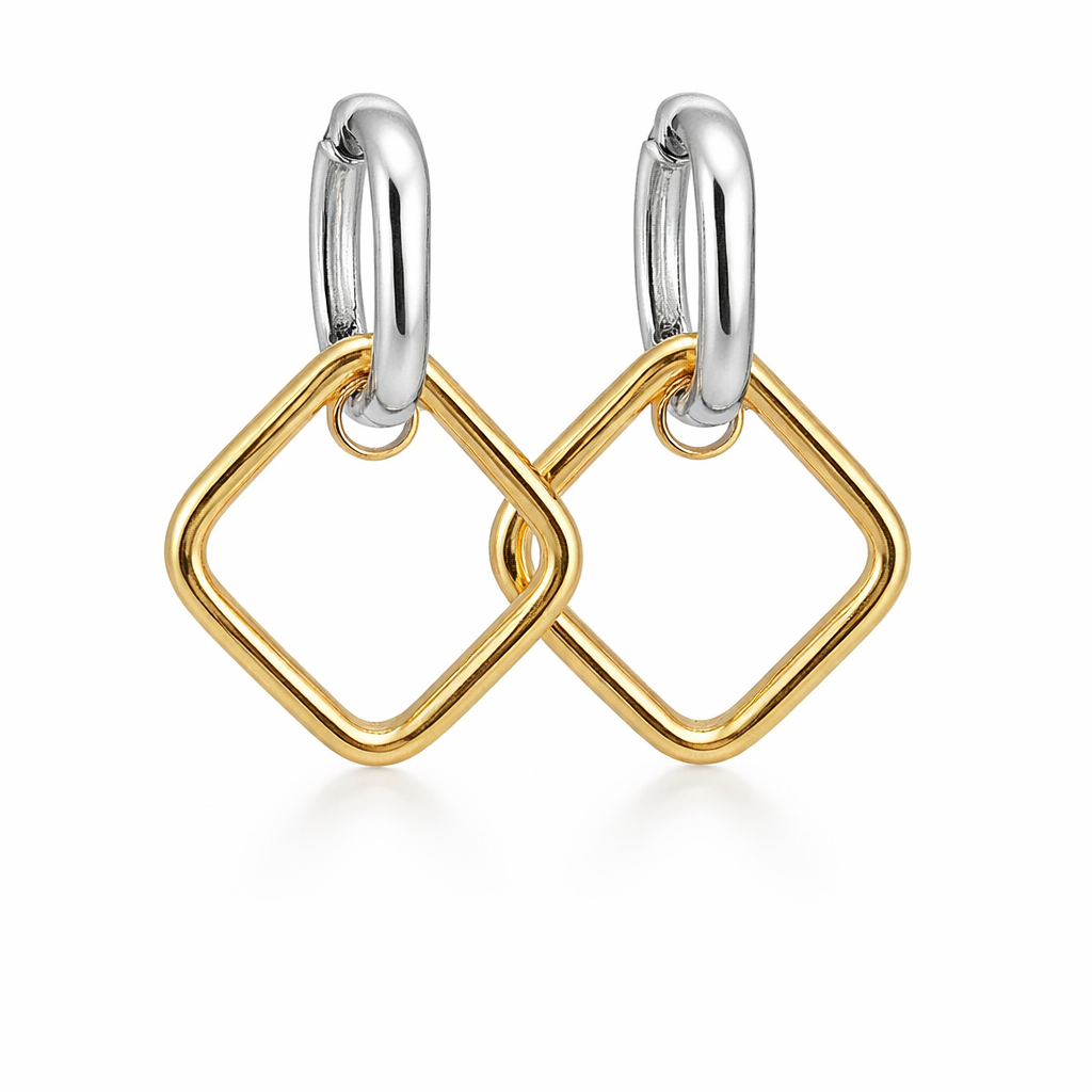 Sterling Silver Two Tone Diamond Shape Link Dangling Post Earrings