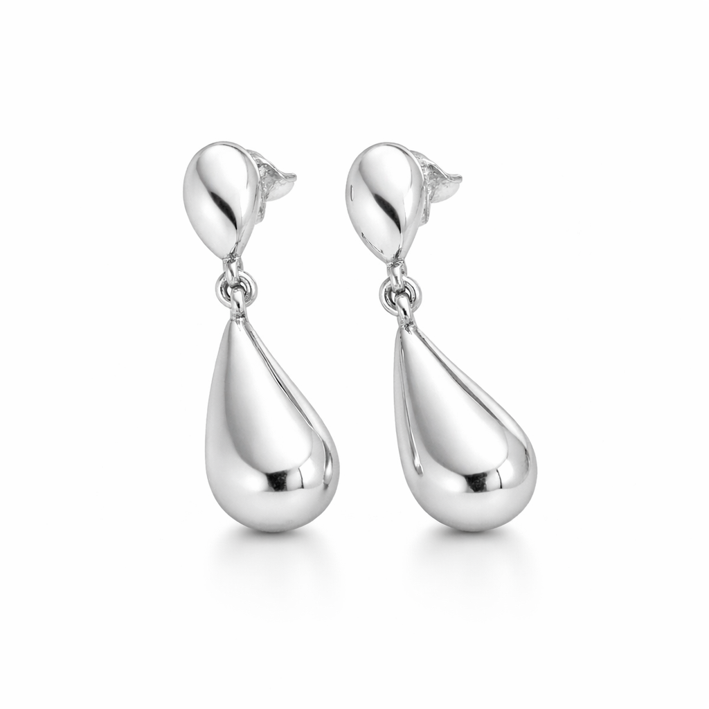Sterling Silver Dangling Puffed Teardrop Post Earrings