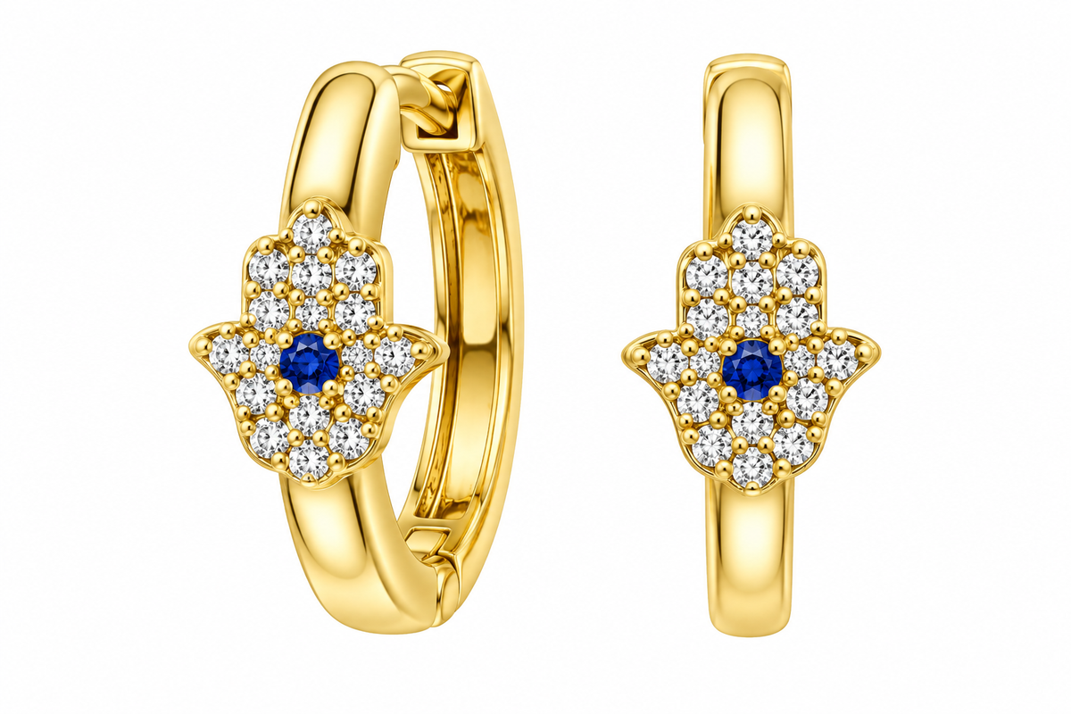 Sterling Silver Gold Plated CZ Hamsa Hand Tiny Huggie Earrings
