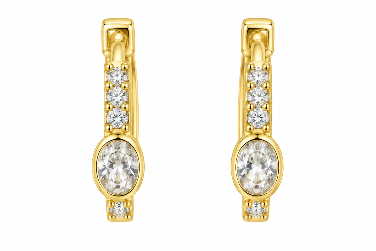 Sterling Silver Oval Shape CZ Huggie Hoop Earrings