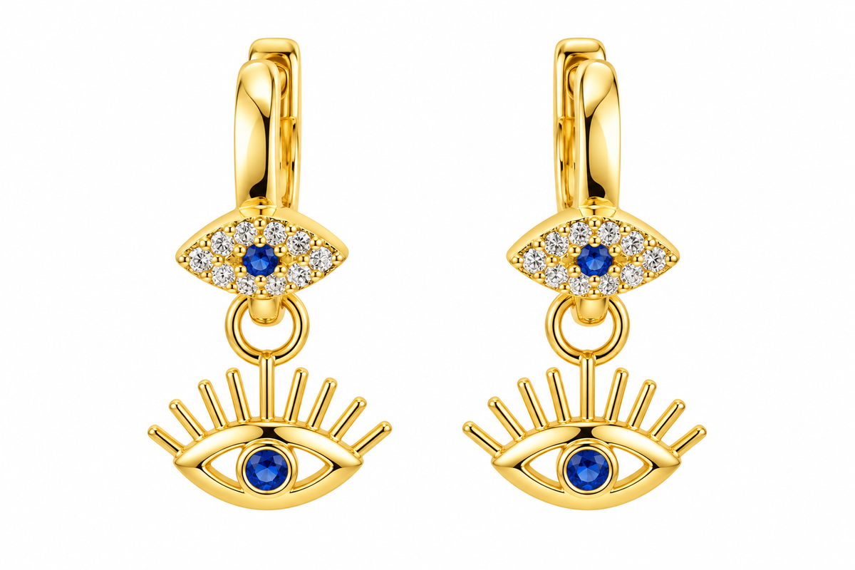 Sterling Silver CZ Evil Eye Dangling Huggie Earrings