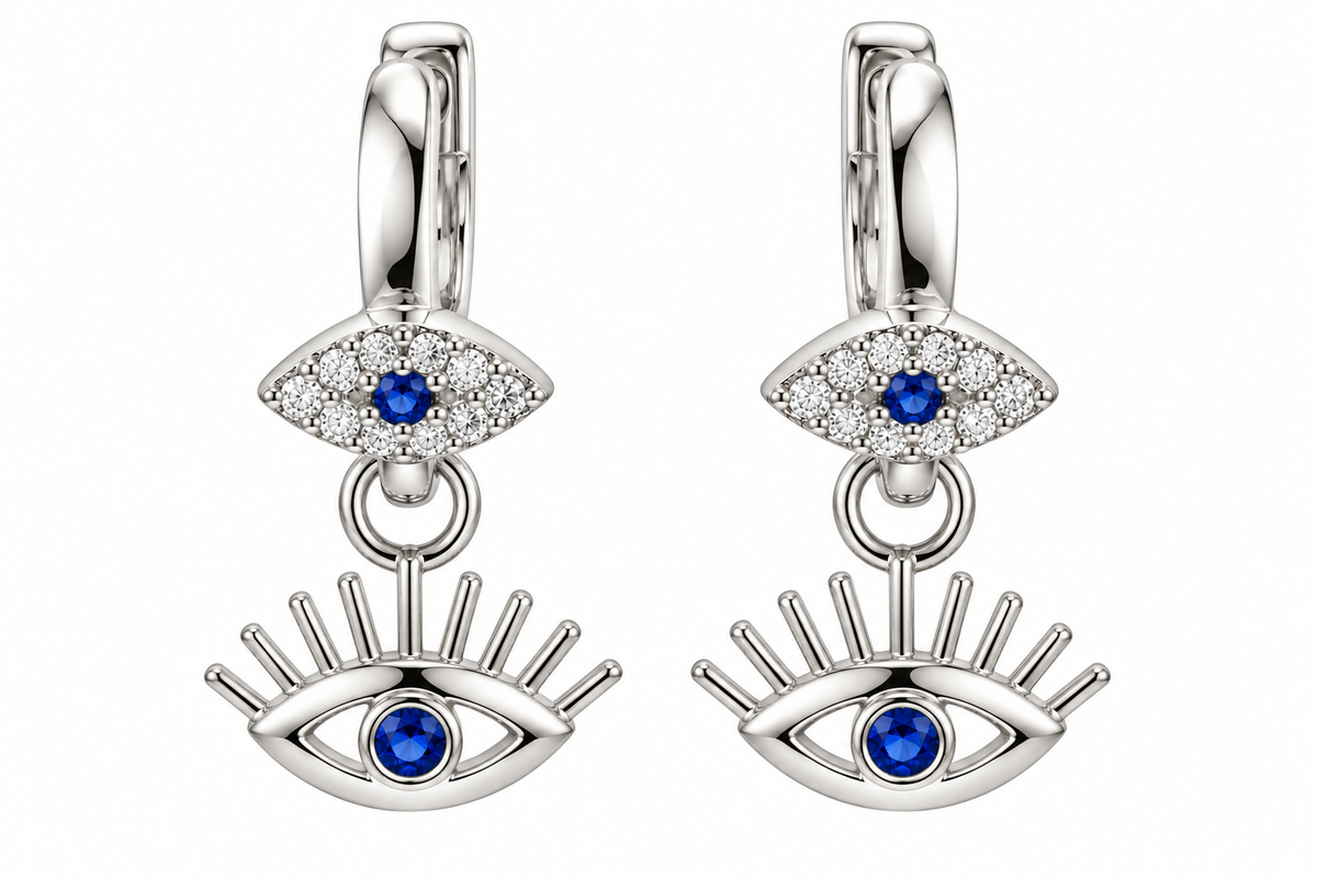 Sterling Silver CZ Evil Eye Dangling Huggie Earrings