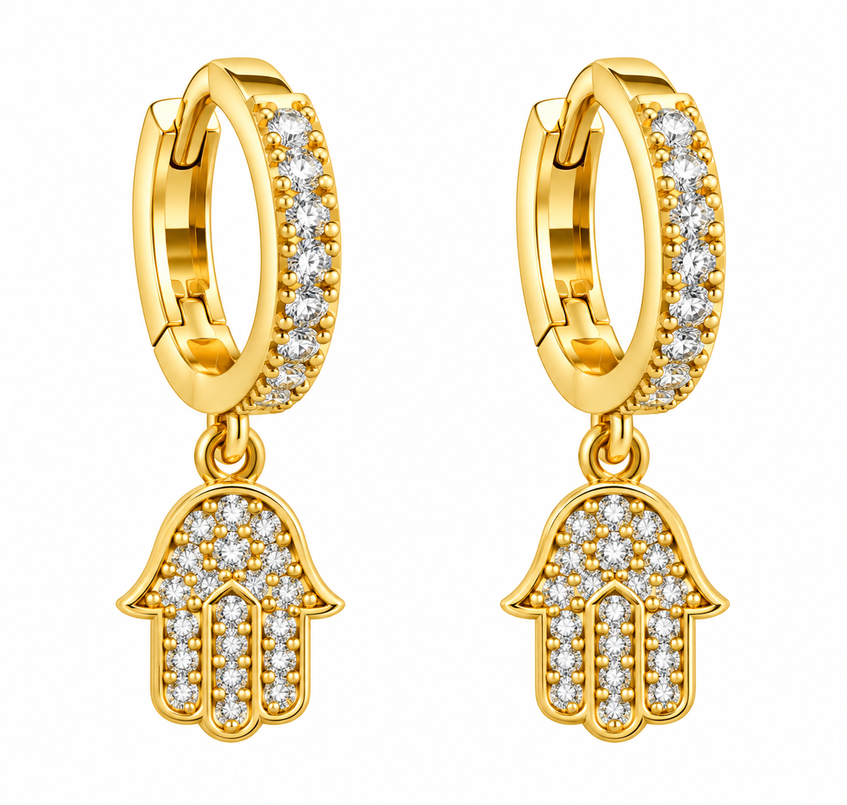 Sterling Silver Gold Plated CZ Hamsa Hand Dangling Huggie Earrings