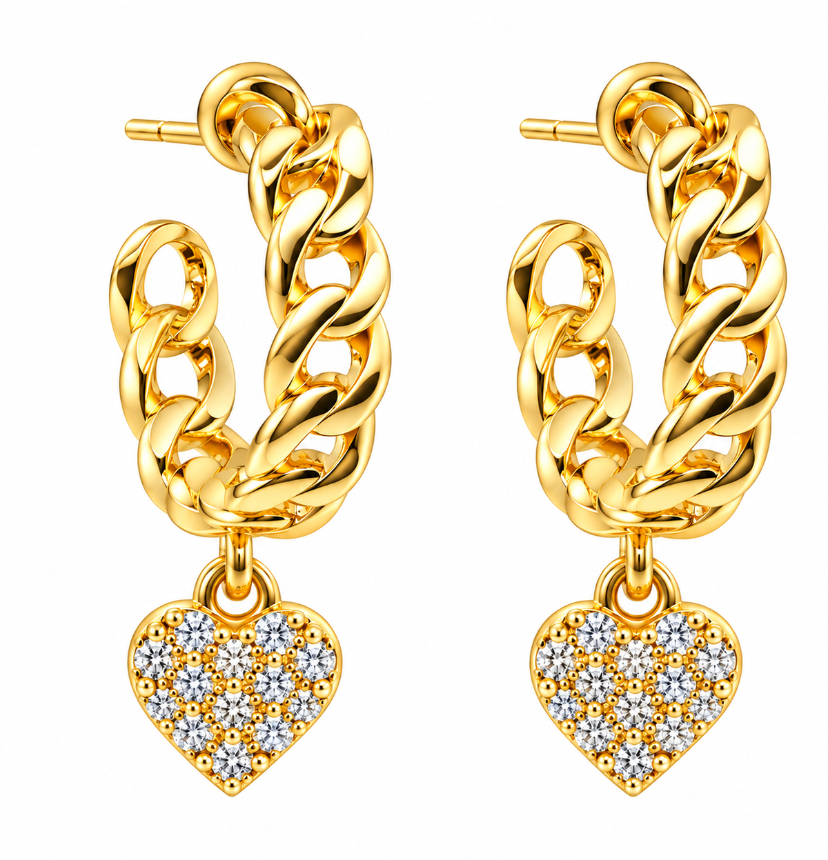 Sterling Silver Gold Plated Cuban Link Dangling CZ Heart Open Huggie Earrings