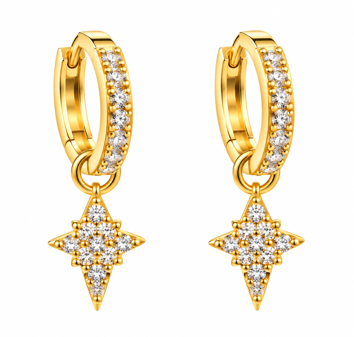Sterling Silver Gold Plated CZ North Star Dangling Huggie Earrings