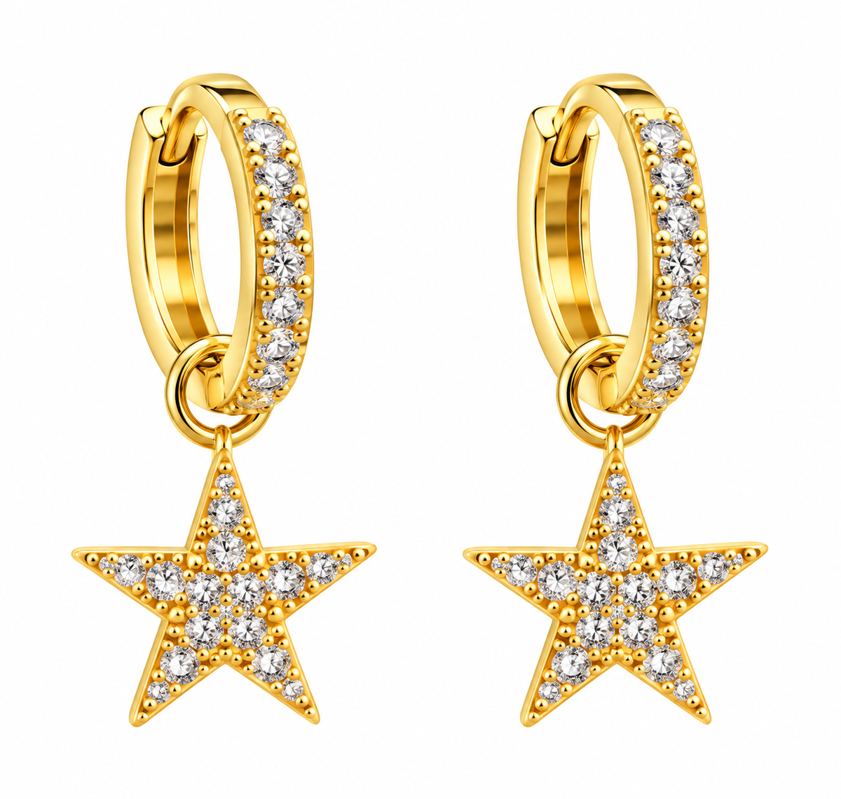 Sterling Silver Gold Plated CZ Star Dangling Huggie Earrings