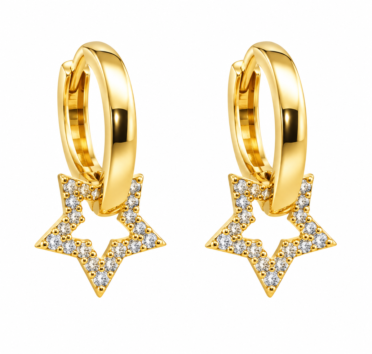 Sterling Silver Gold Plated CZ Star Dangling Huggie Earrings