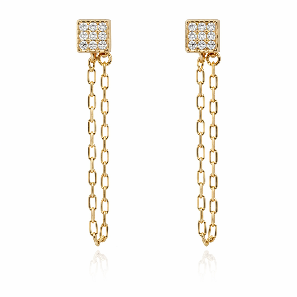 STERLING SILVER CZ FRONT TO BACK SQUARE SHAPED EARRING