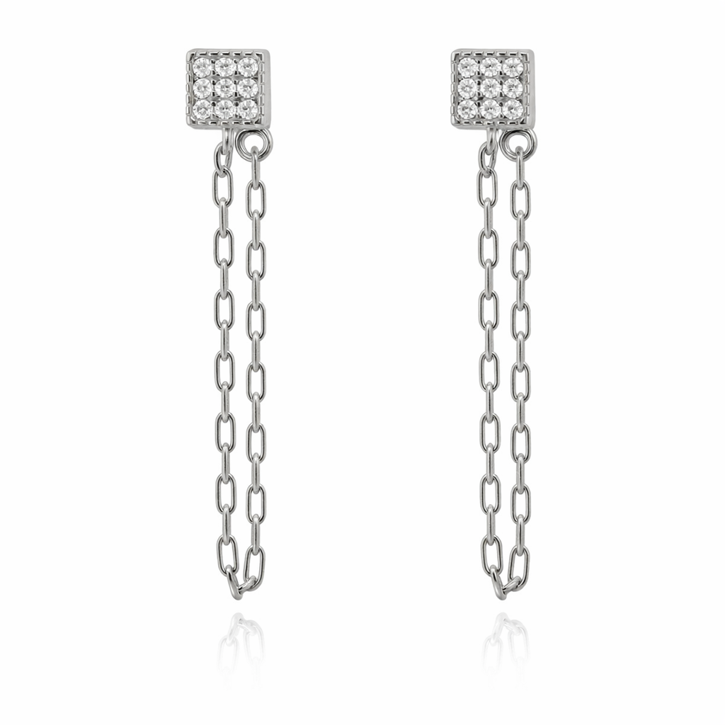 STERLING SILVER CZ FRONT TO BACK SQUARE SHAPED EARRING