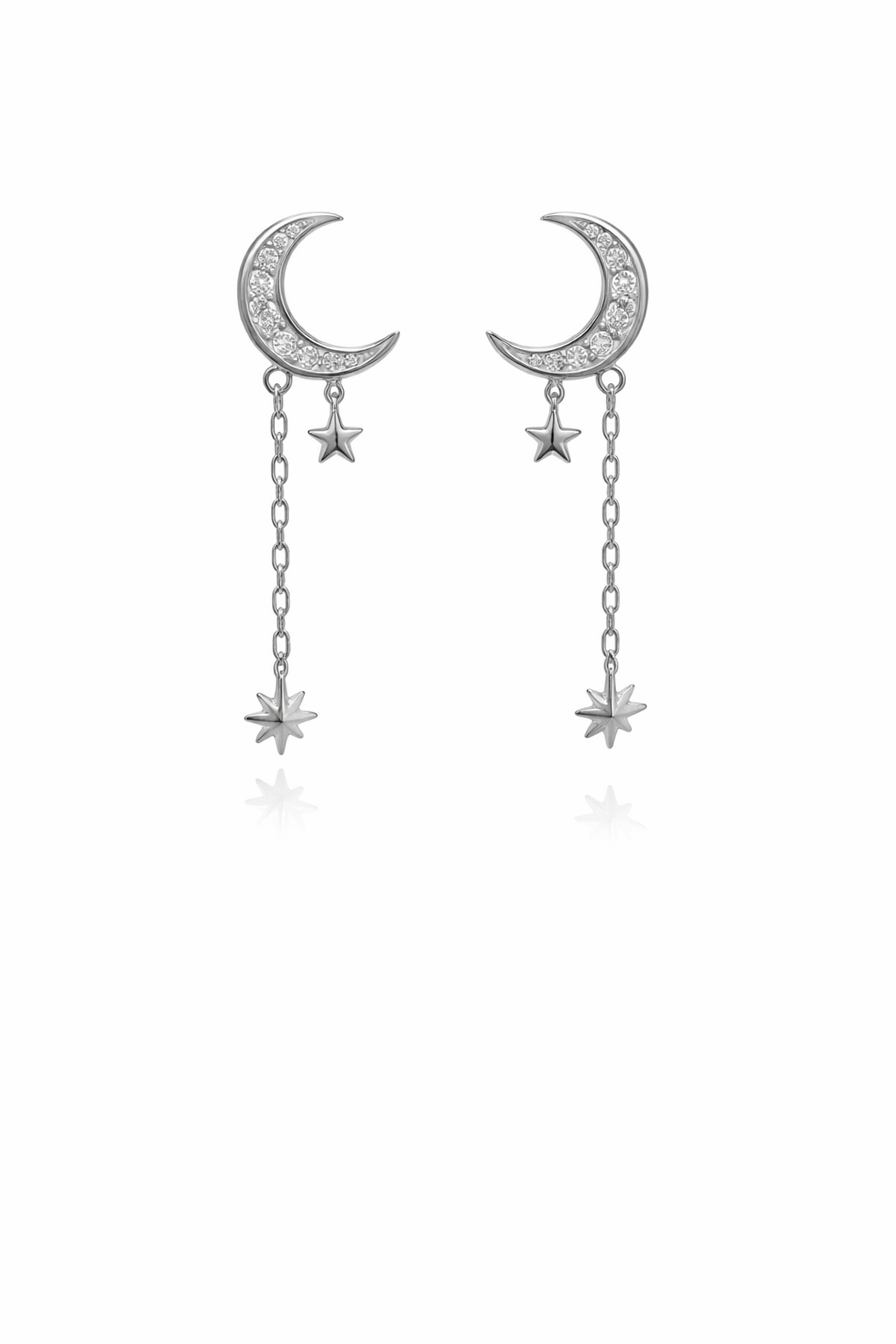 STERLING SILVER CZ CRESCENT DANGLING STARS POST EARRING