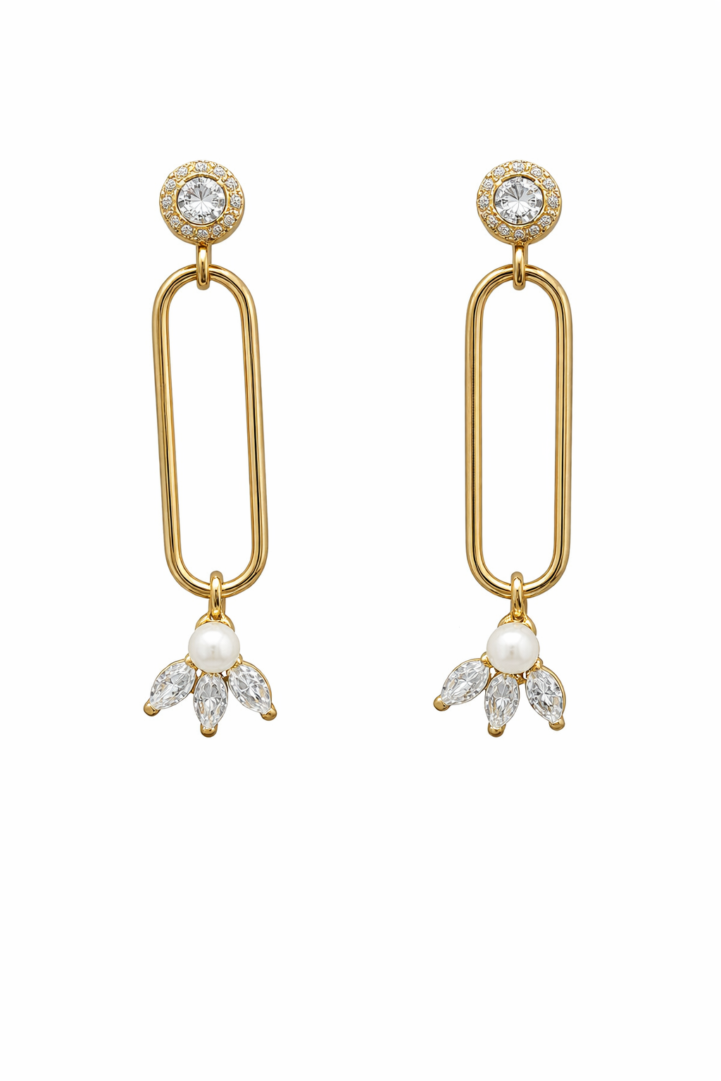 Sterling Silver CZ Bezel Open Oval / Dangling Pearl Earrings