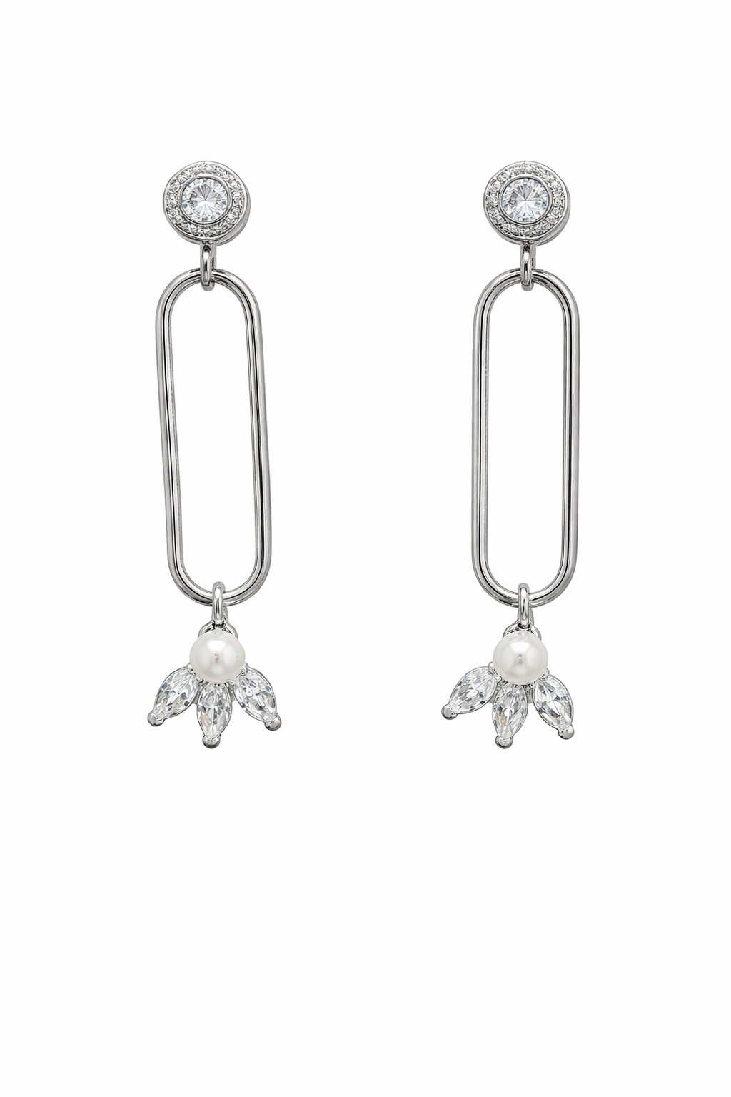 Sterling Silver CZ Bezel Open Oval / Dangling Pearl Earrings