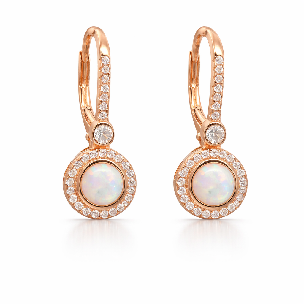 Sterling Silver Rose Gold Round White Opal CZ Leverback Huggie Earrings