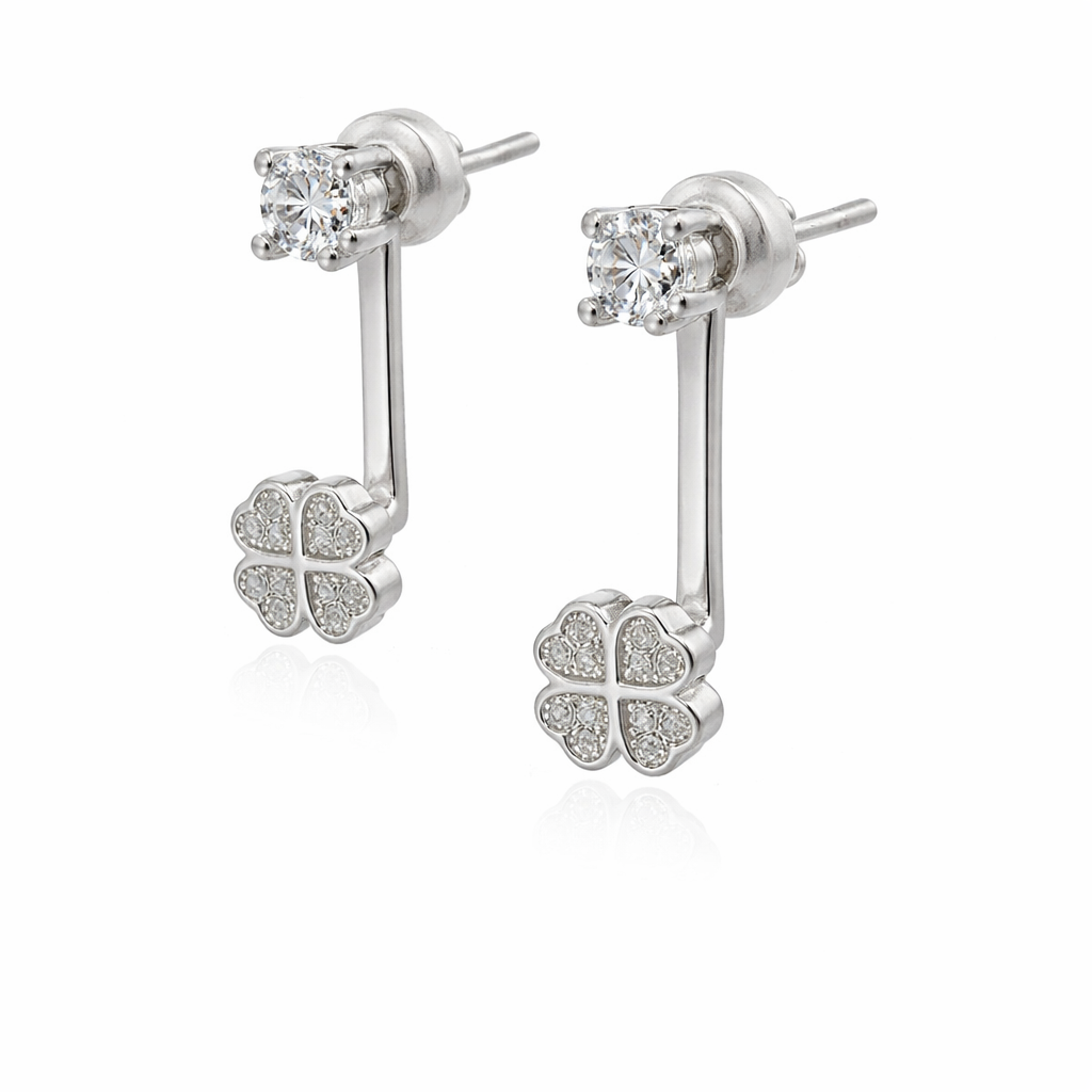 Sterling Silver Two Piece Four Leaf Clover CZ Earrings