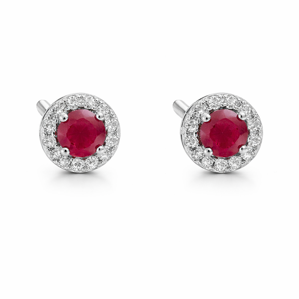 Sterling Silver Round Ruby Topaz CZ Halo Stud Earrings