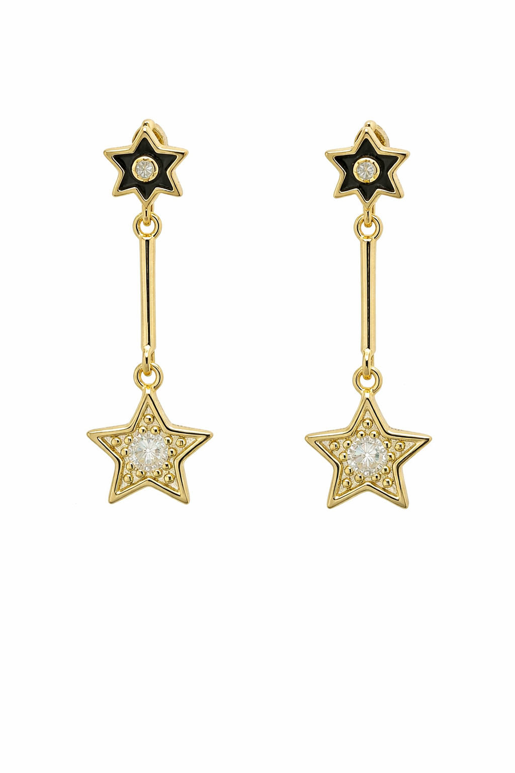 Sterling Silver Gold Plated Black Enamel Star Of David W/ Dangling CZ Star Post Earrings